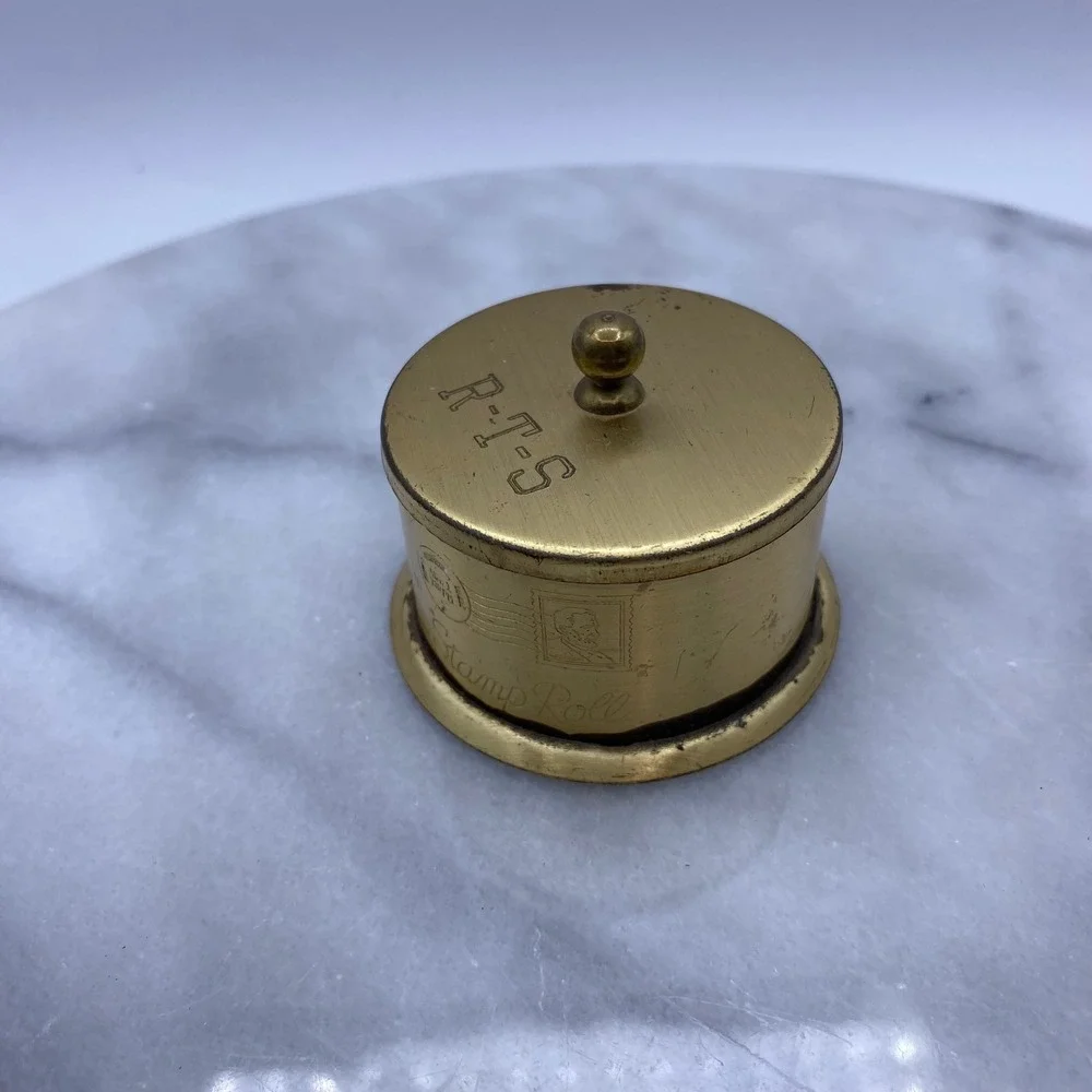 Brass Stamp Roll Dispenser Gold RTS Engraved Vintage Desk MCM Retro Academia